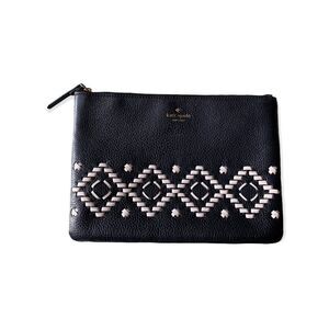 Kate Spade Black Leather Zip Pouch with White Woven Pattern